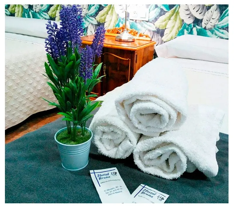 Toallas y detalles de bienvenida en una habitación del Hostal Bruña